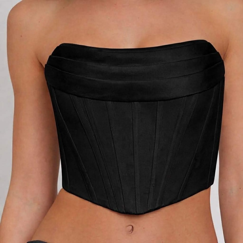 LEAU Satin Strapless Corset‎ Top XS Black Boned Crop Luxe Support Club Festival